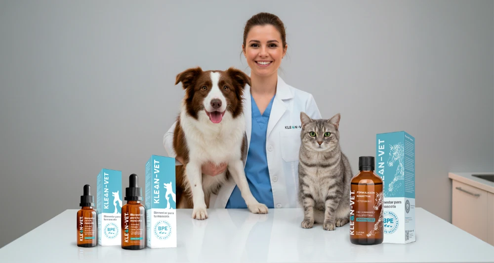 imagen de un medico veterinario un perro y un gato al lado del las presentaciones del tratamiento klean-vet
